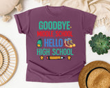 Goodbye Middle School Hello High School graphic tee in Berry