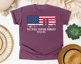 We Will Never Forget Navy 2 graphic tee in Berry