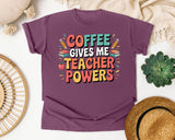 Coffee Gives Me Teacher Powers Grey graphic tee in Berry