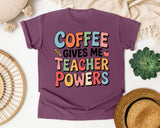 Coffee Gives Me Teacher Powers Grey 2 graphic tee in Berry