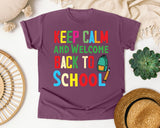 Keep Calm And Welcome Back To School Backpack graphic tee in Berry