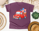 Red Truck With Flags graphic tee in Berry