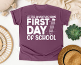 First Day Of School Let The Adventure Begin White 2 3 graphic tee in Berry