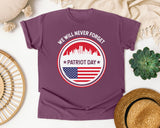 We Will Never Forget Patriot Day White graphic tee in Berry