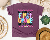 Watch Out First Grade Here I Come graphic tee in Berry