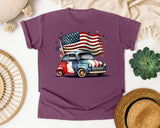 Retro Car With Flag graphic tee in Berry