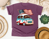 Patriotic Van With Flag graphic tee in Berry