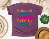 Watch Out Kindergarten Here I Come Red graphic tee in Berry