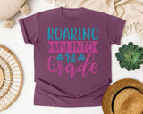 Roaring My Into 1st Grade graphic tee in Berry