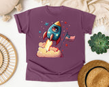 Rocket With American Flag graphic tee in Berry