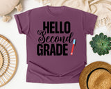 Hello Second Grade Pen graphic tee in Berry