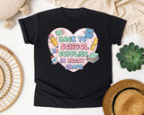 Back To School Supplies In Heart Shape graphic tee in Black