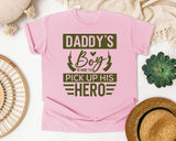 Daddy's Boy Is Here To Pick Up His Hero Brown graphic tee in Blossom