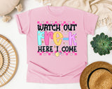 Watch Out Pre-K Here I Come graphic tee in Blossom