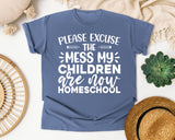Please Excuse The Mess My Children Are Now Homeschool graphic tee in Blue Jean