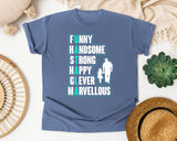 Funny Handsome Strong Happy Clever graphic tee in Blue Jean