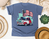 Classic Car With Flags graphic tee in Blue Jean
