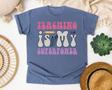 Teaching Is My Superpower Retro graphic tee in Blue Jean