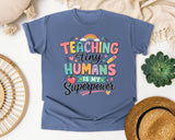 Teaching Tiny Humans Is My Superpower graphic tee in Blue Jean