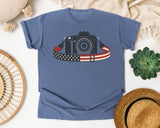 Patriotic Camera Strap graphic tee in Blue Jean
