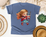 Girl Waving American Flag graphic tee in Blue Jean