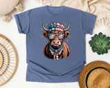 Patriotic Highland Cow graphic tee in Blue Jean