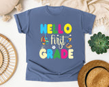 Hello First Grade Sneakers graphic tee in Blue Jean