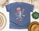 Patriotic Skeleton Fireworks Pink 2 graphic tee in Blue Jean