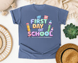 First Day Of School Crayons graphic tee in Blue Jean
