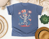Patriotic Skeleton Fireworks Pink 5 graphic tee in Blue Jean
