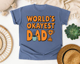World's Okayest Dad Orange graphic tee in Blue Jean
