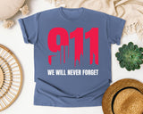We Will Never Forget White graphic tee in Blue Jean