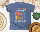 My Teacher Survived 100 Days Of Me Crayons graphic tee in Blue Jean