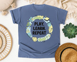 Play Learn Repeat graphic tee in Blue Jean