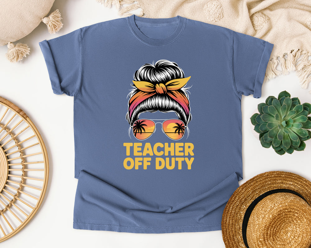 Teacher Off Duty Messy Bun Sunset graphic tee in Blue Jean