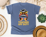 Teacher Off Duty Messy Bun Sunset graphic tee in Blue Jean