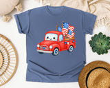 Red Truck With Flags graphic tee in Blue Jean