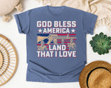 God Bless America Land That I Love Pink graphic tee in Blue Jean