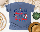 You Will Never Be Forgotten graphic tee in Blue Jean