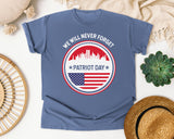 We Will Never Forget Patriot Day White graphic tee in Blue Jean