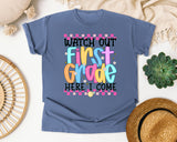 Watch Out First Grade Here I Come graphic tee in Blue Jean
