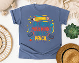 Sharpen Your Mind Like A Pencil graphic tee in Blue Jean