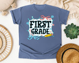 First Grade Notebook Bow graphic tee in Blue Jean