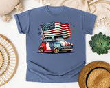 Retro Car With Flag graphic tee in Blue Jean