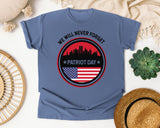 We Will Never Forget Patriot Day White 2 graphic tee in Blue Jean