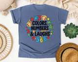 Colors Numbers And Laughs Circle graphic tee in Blue Jean