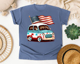 Patriotic Van With Flag graphic tee in Blue Jean