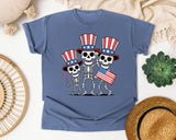 Patriotic Skeleton Trio Grey 2 graphic tee in Blue Jean
