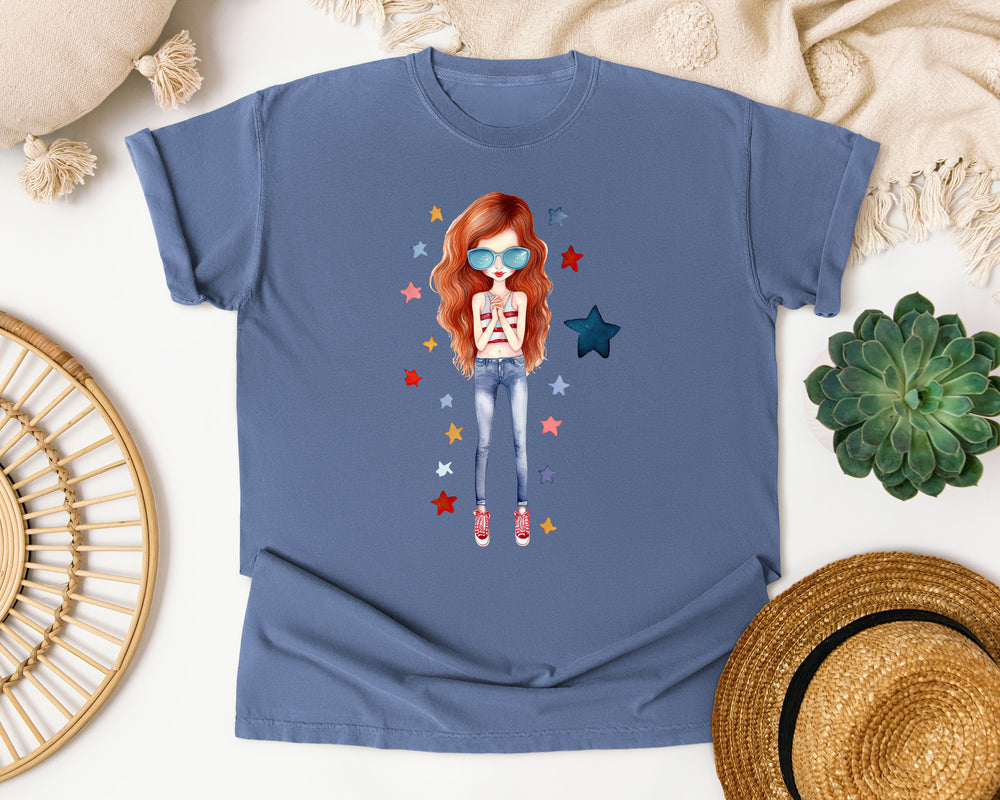 Patriotic Girl With Sunglasses graphic tee in Blue Jean