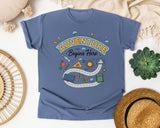 Adventure Begins Here graphic tee in Blue Jean
